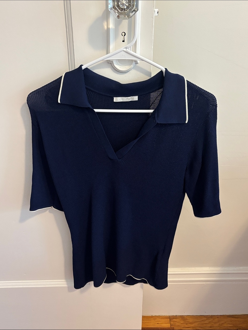 Zara Navy Short-Sleeve Polo Top with White Trim- size medium